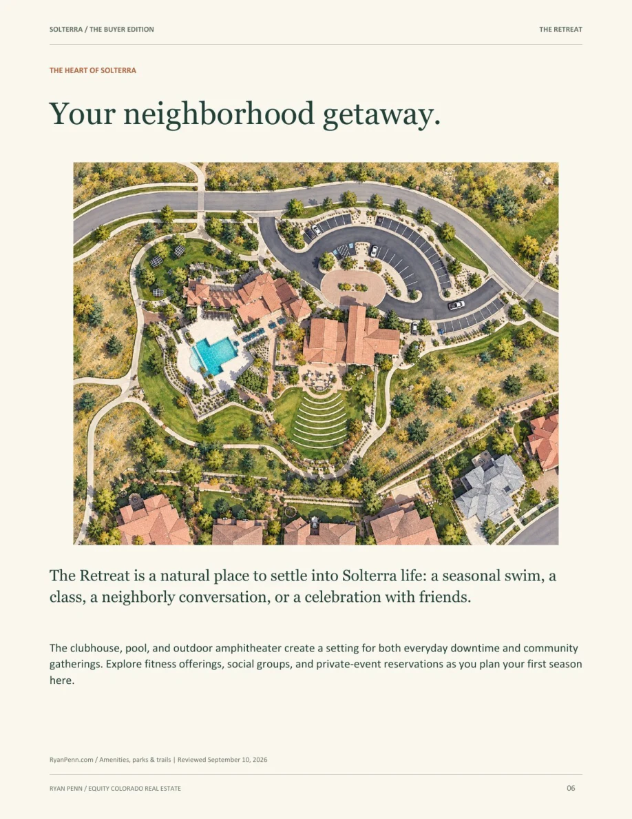 A preview of the guide’s illustrated Retreat clubhouse and pool page