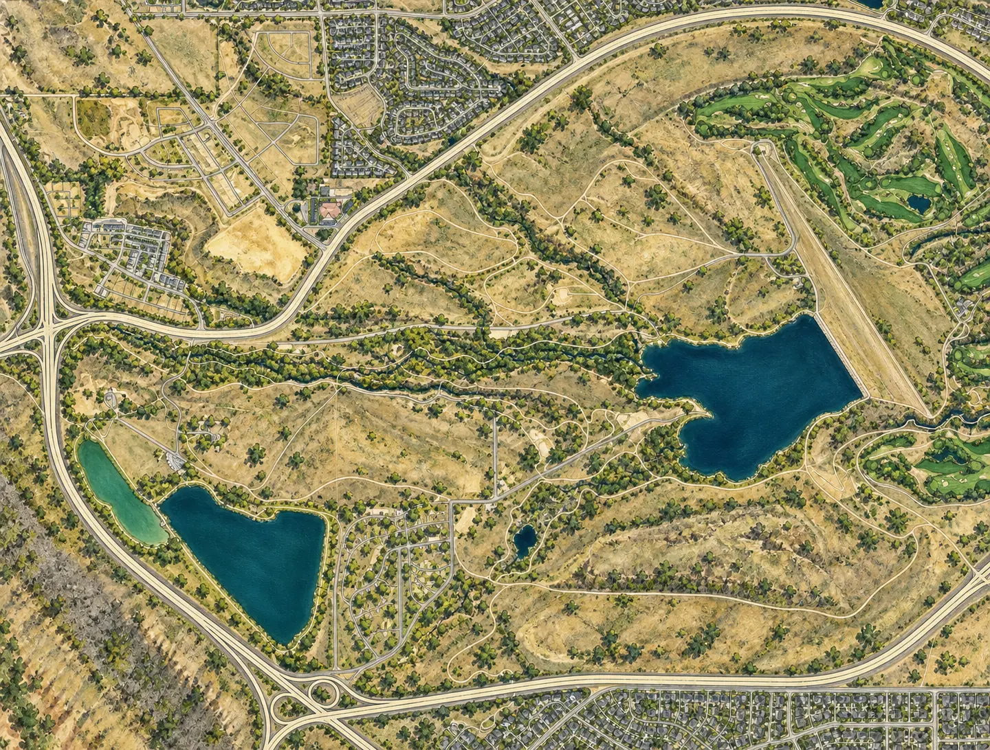 Illustrated Bear Creek Lake Park reservoirs, Soda Lakes, trails and open space