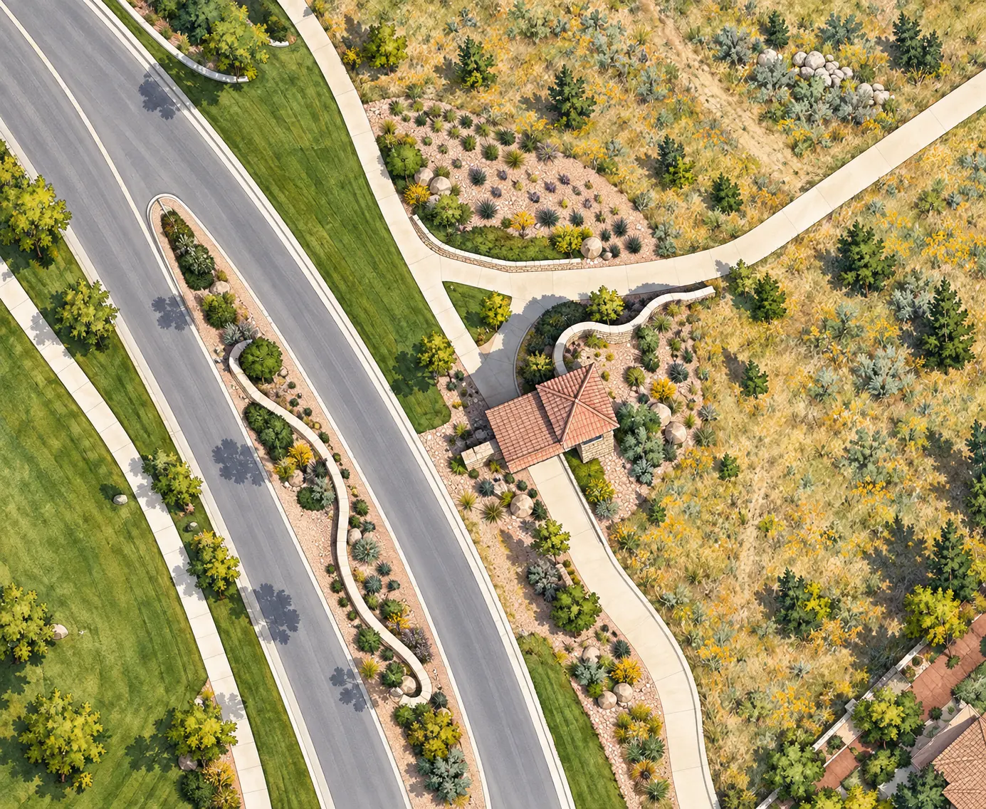 Illustrated Solterra entry monument with terracotta roof and curved landscape walls