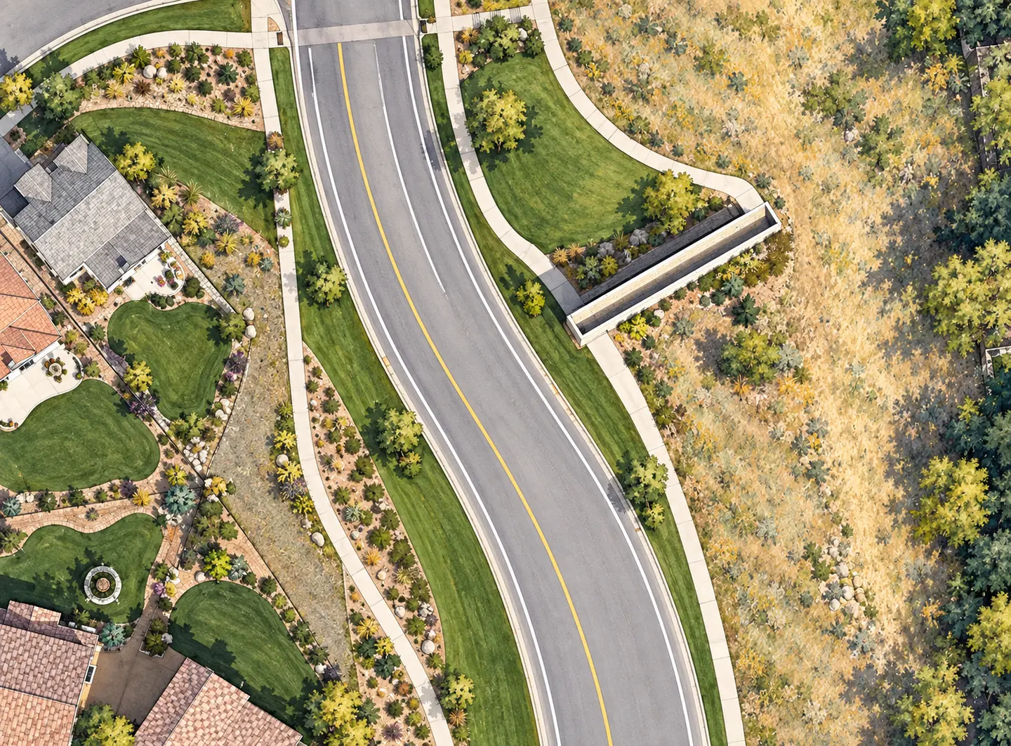 Illustrated Solterra exit monument beside South Indiana Street and landscaped paths