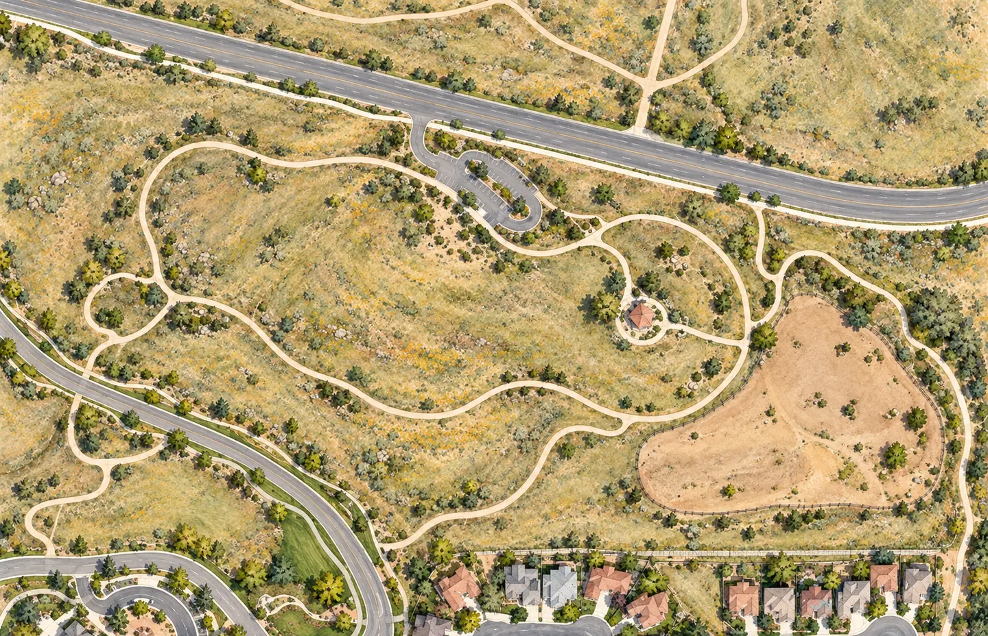 Illustrated Forsberg–Iron Spring Park trail loops, pavilion and off-leash dog area