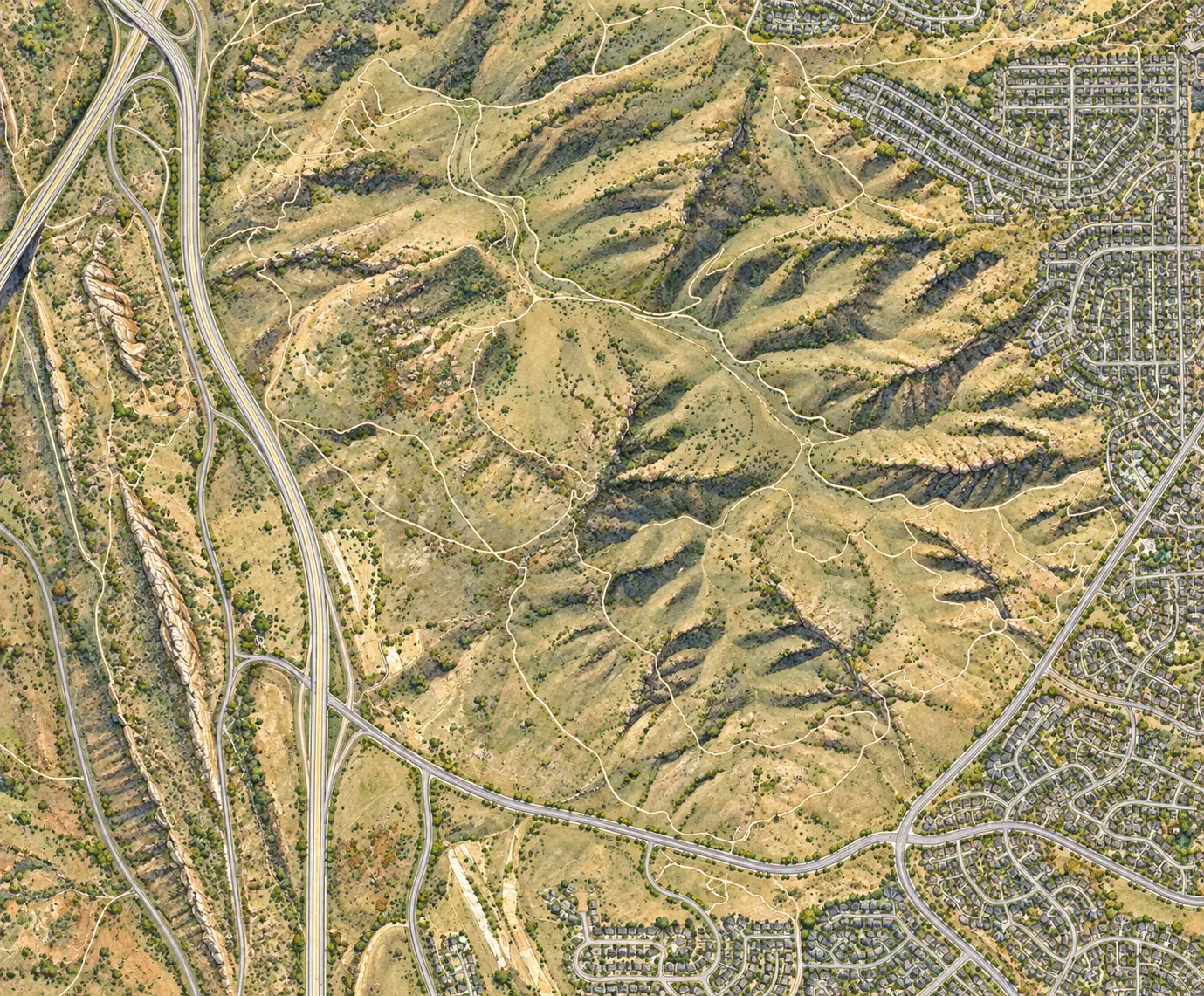 Illustrated regional terrain around Green Mountain and Dinosaur Ridge near Solterra