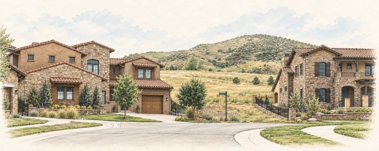 Ink-and-watercolor illustration of stone-and-stucco Solterra homes with tile roofs against the foothills