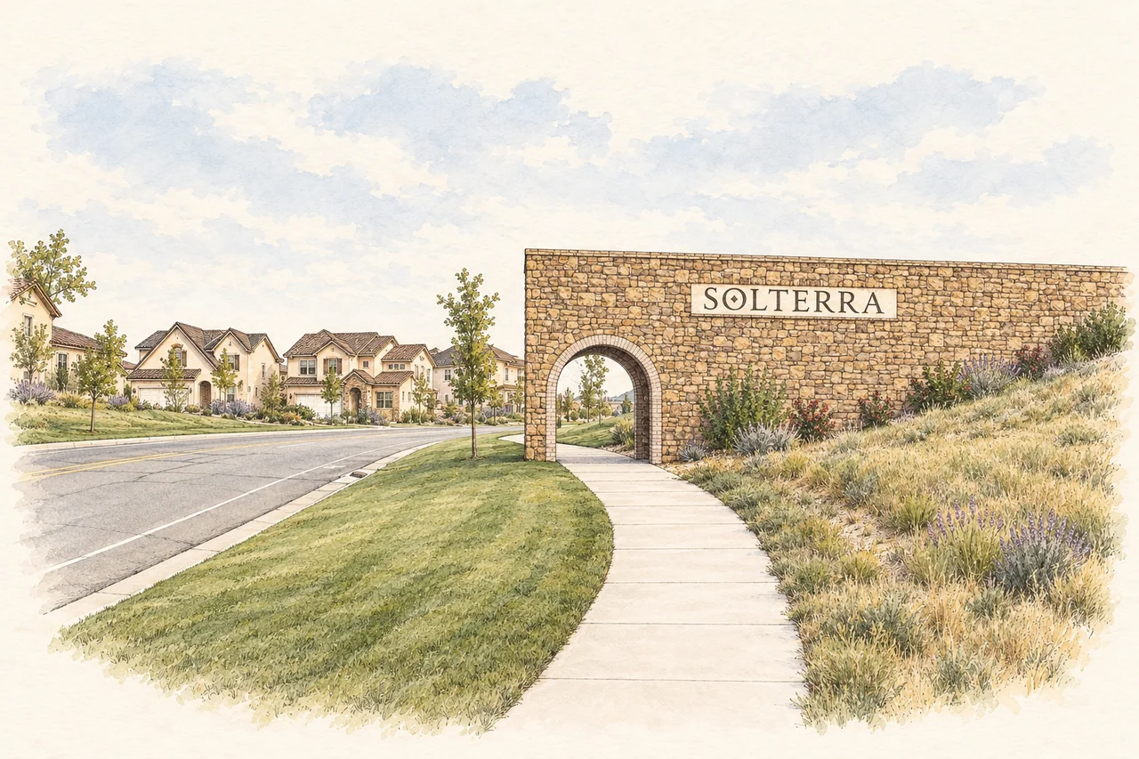 Ink-and-watercolor illustration of Solterra’s stone entry arch, neighborhood homes, and landscaped path