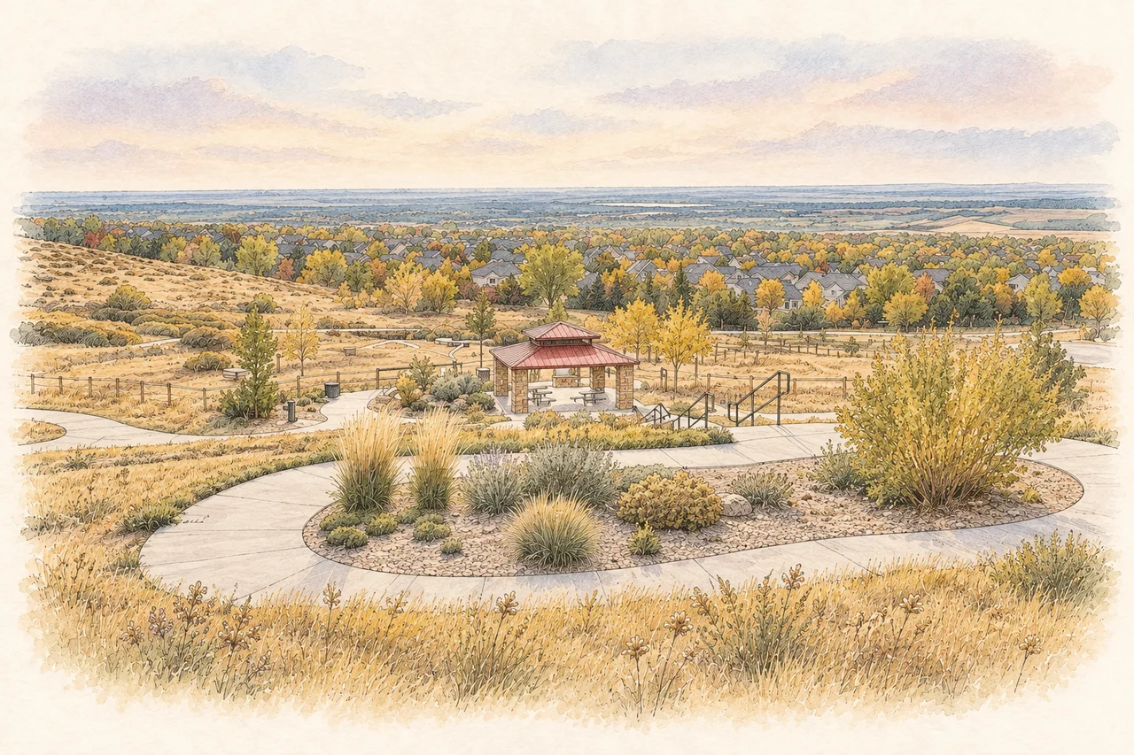 Ink-and-watercolor illustration of winding Solterra park paths, native grasses, a pavilion, and autumn trees