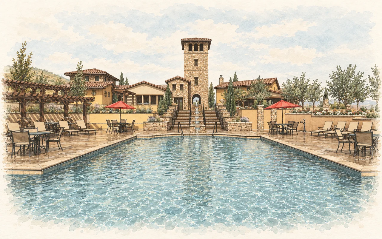 Ink-and-watercolor illustration across the Retreat pool toward the central fountain, stone tower, and red umbrellas