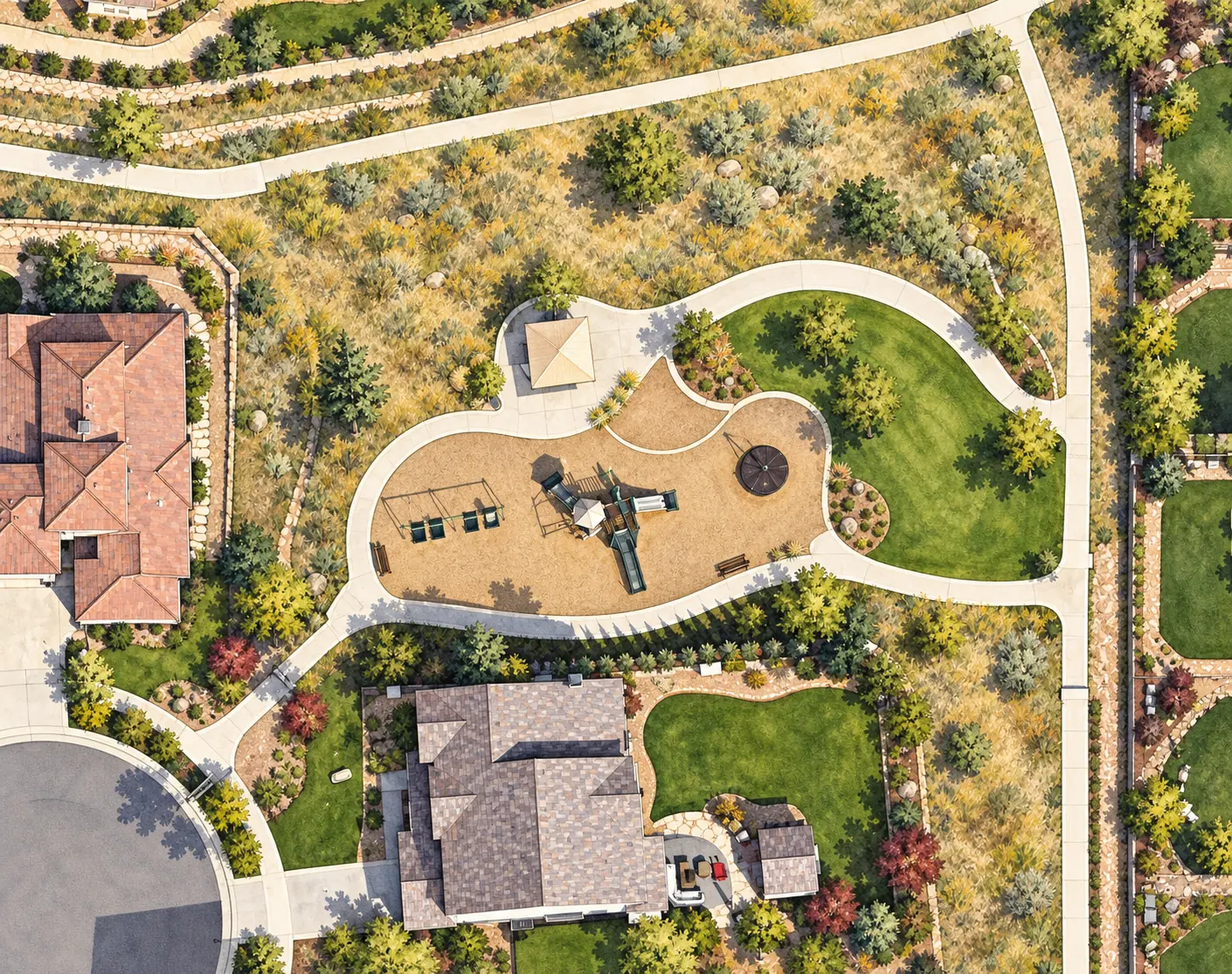 Illustrated Kilmer Park playground, small shelter, curved paths and green lawn