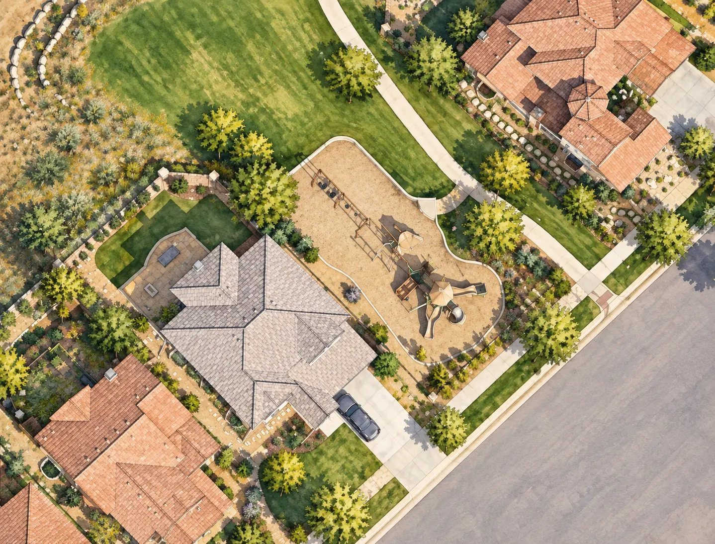 Illustrated Lupine Park playground and lawn among Solterra homes