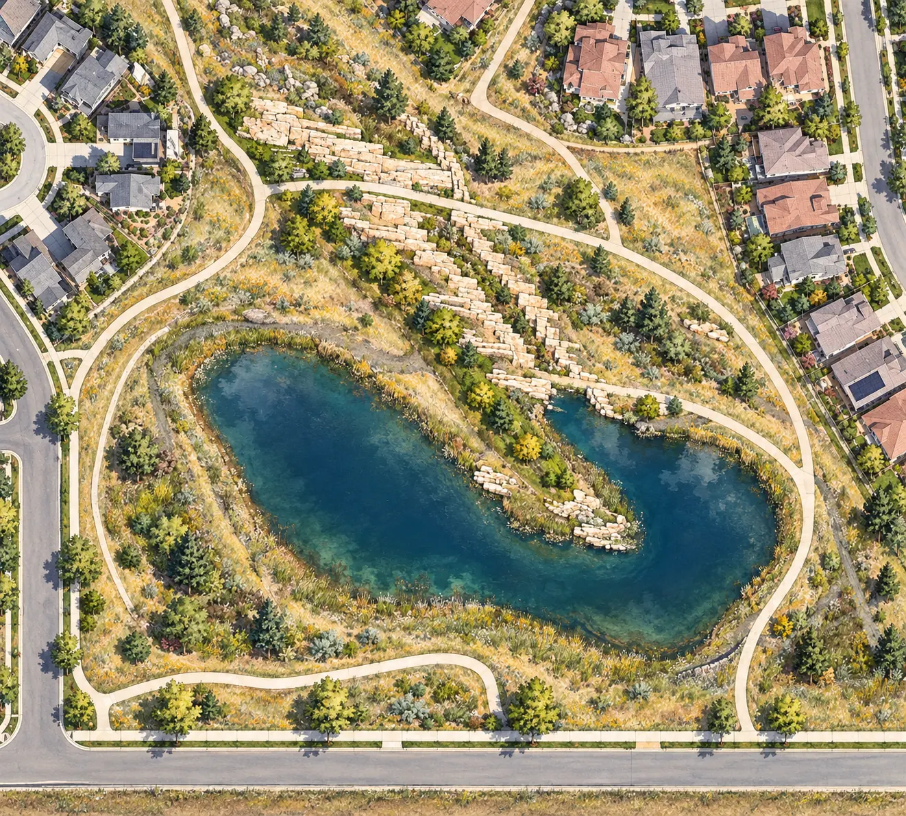 Illustration of Moffett Pond’s curved shoreline, stone terraces and perimeter paths