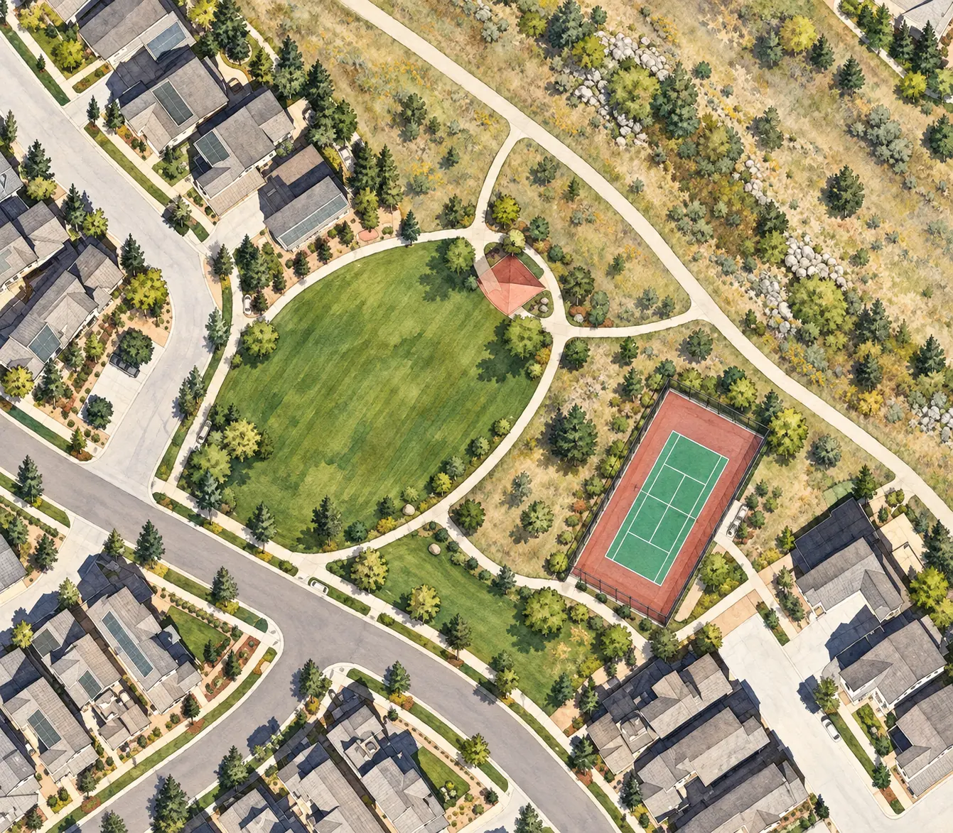 Illustrated aerial of Orchard Park’s lawn, tennis court and connecting Solterra paths