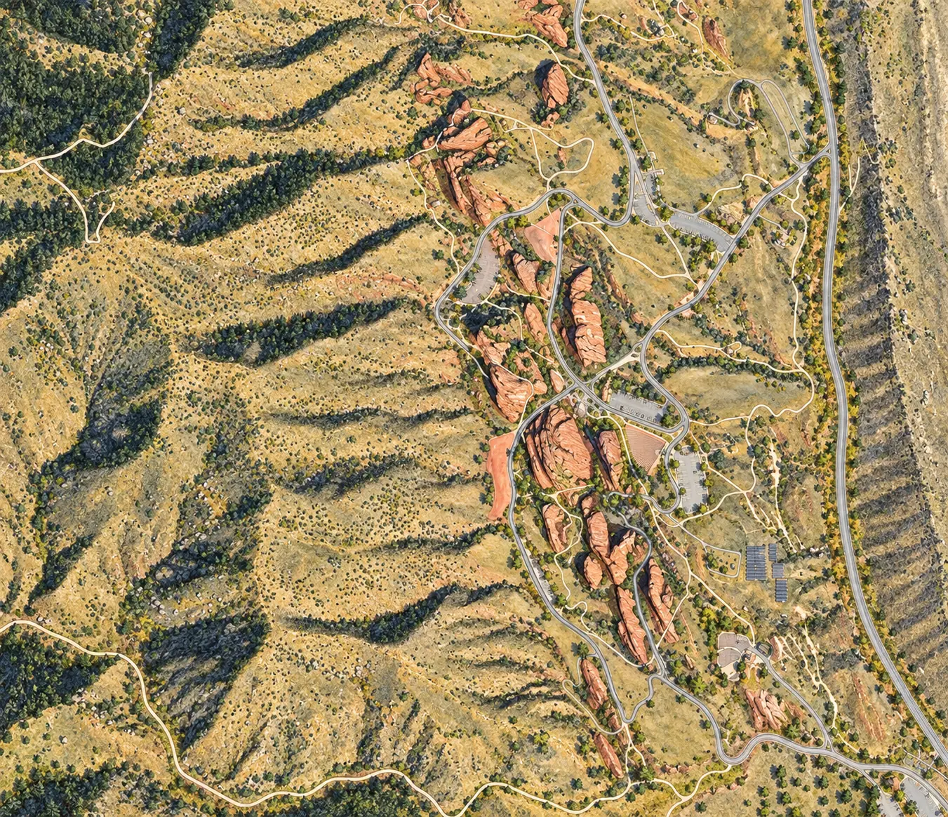 Illustrated Red Rocks sandstone formations, amphitheatre and surrounding foothill trails