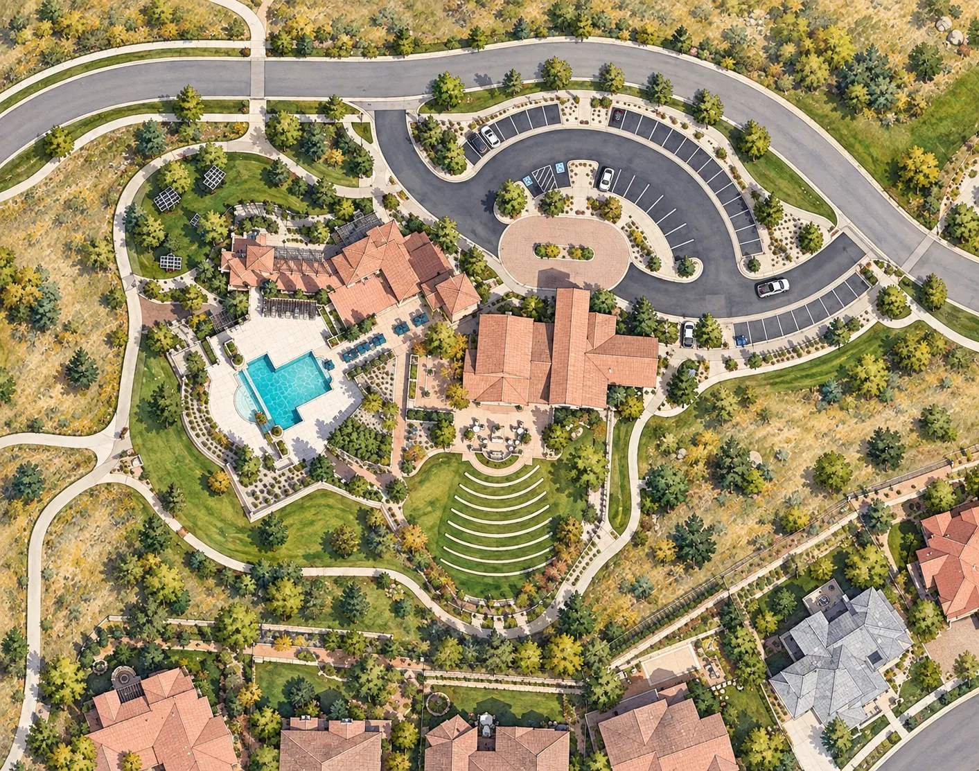 Illustrated aerial of The Retreat’s terracotta roofs, pool, and outdoor amphitheater