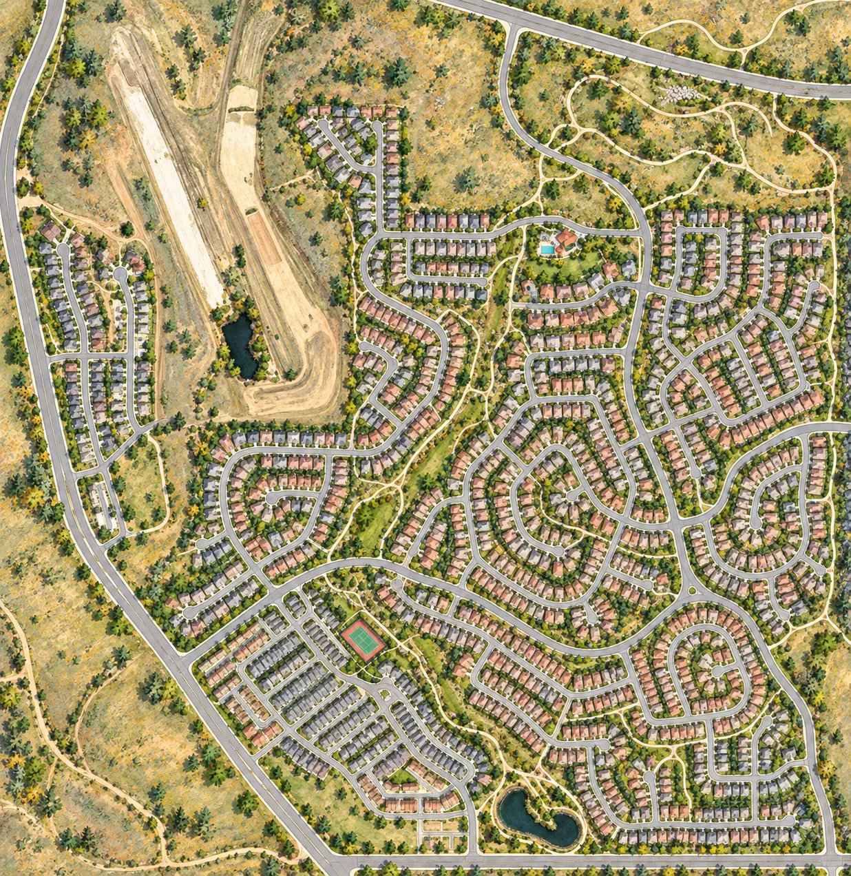 Illustrated Solterra neighborhood map showing homes, open-space corridors, The Retreat, Orchard Park and Moffett Pond