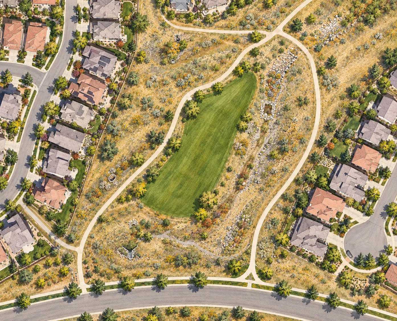 Illustrated Wesley Lawn with its elongated green lawn, paths and natural drainage corridor